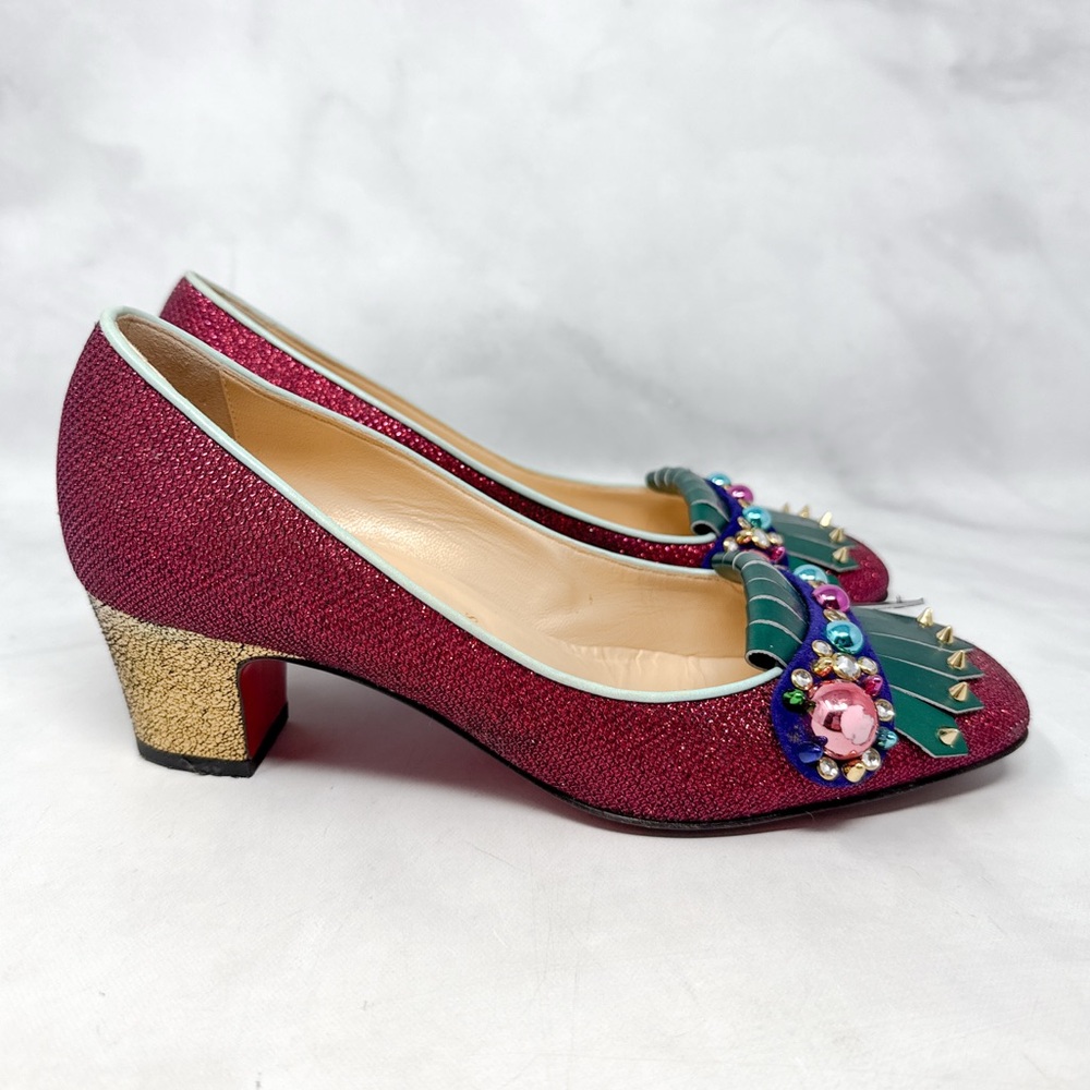 Christian Louboutin Oaxacana 45 Glitter Studded Fringe Heeled Loafer Flat Shoes